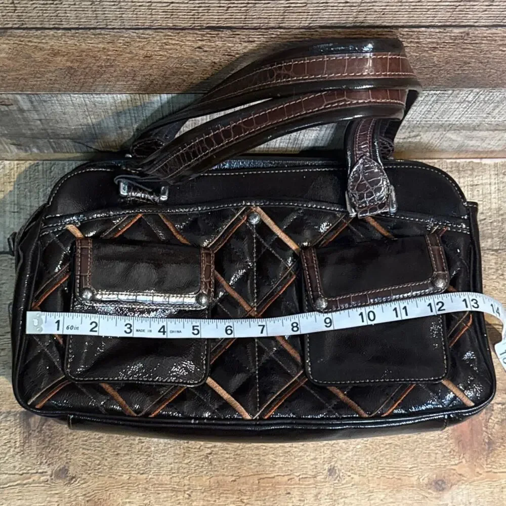 Brighton Maude Satchel Bag Purse Brown Quilted Patent Leather